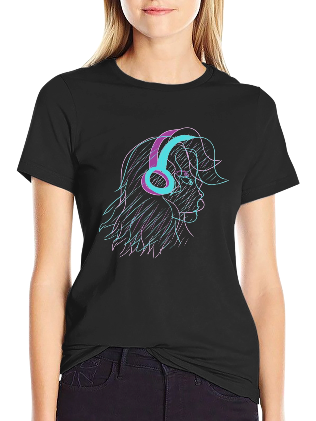 Stylish Black T-Shirt with Retro Headphone Graphic