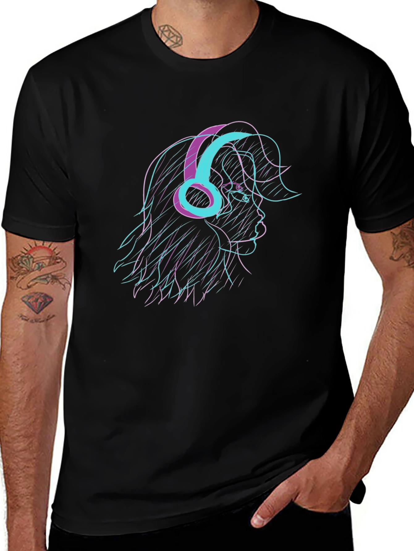 Stylish Black T-Shirt with Retro Headphone Graphic