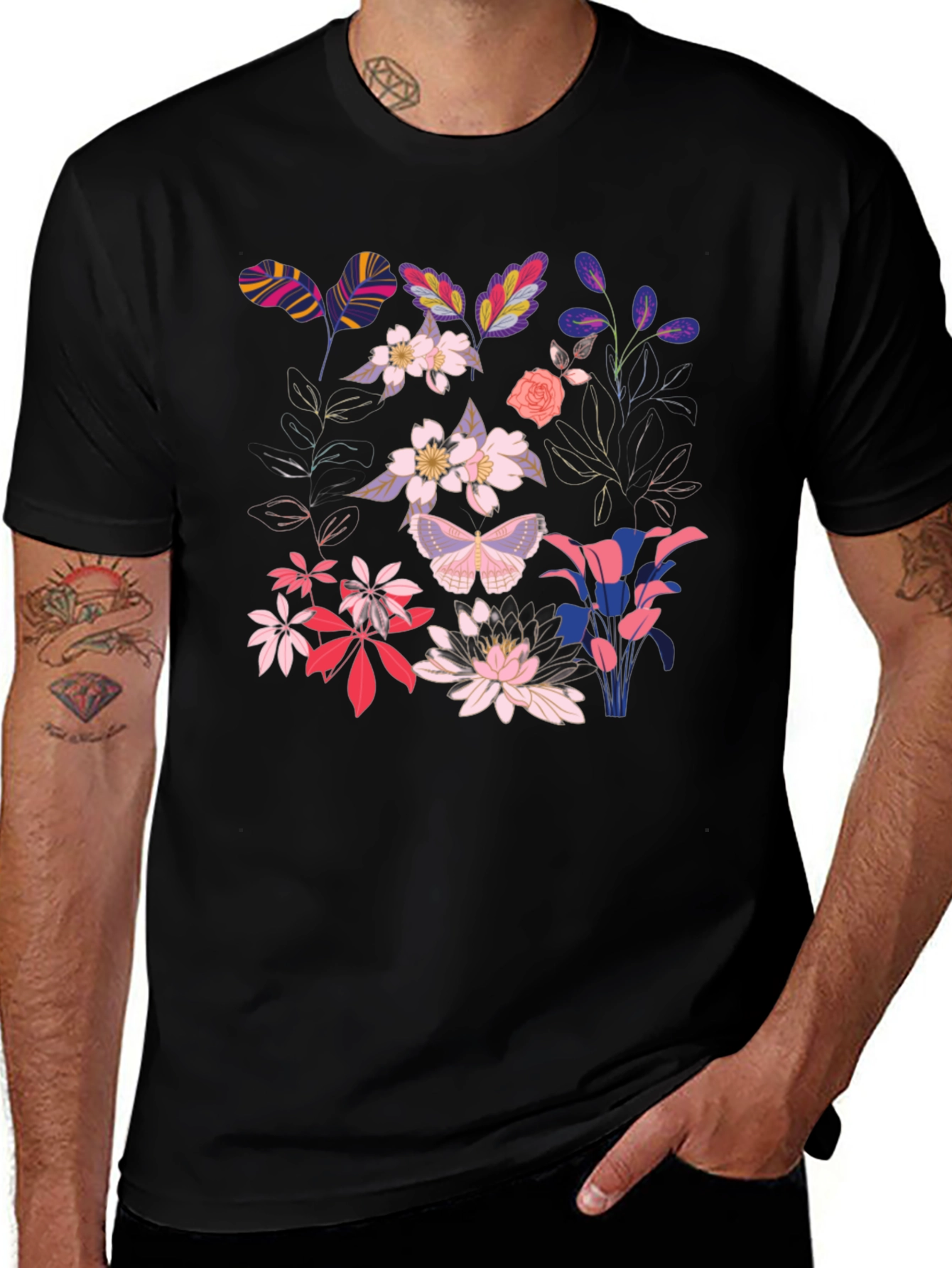 Floral Print Black T-Shirt for Men