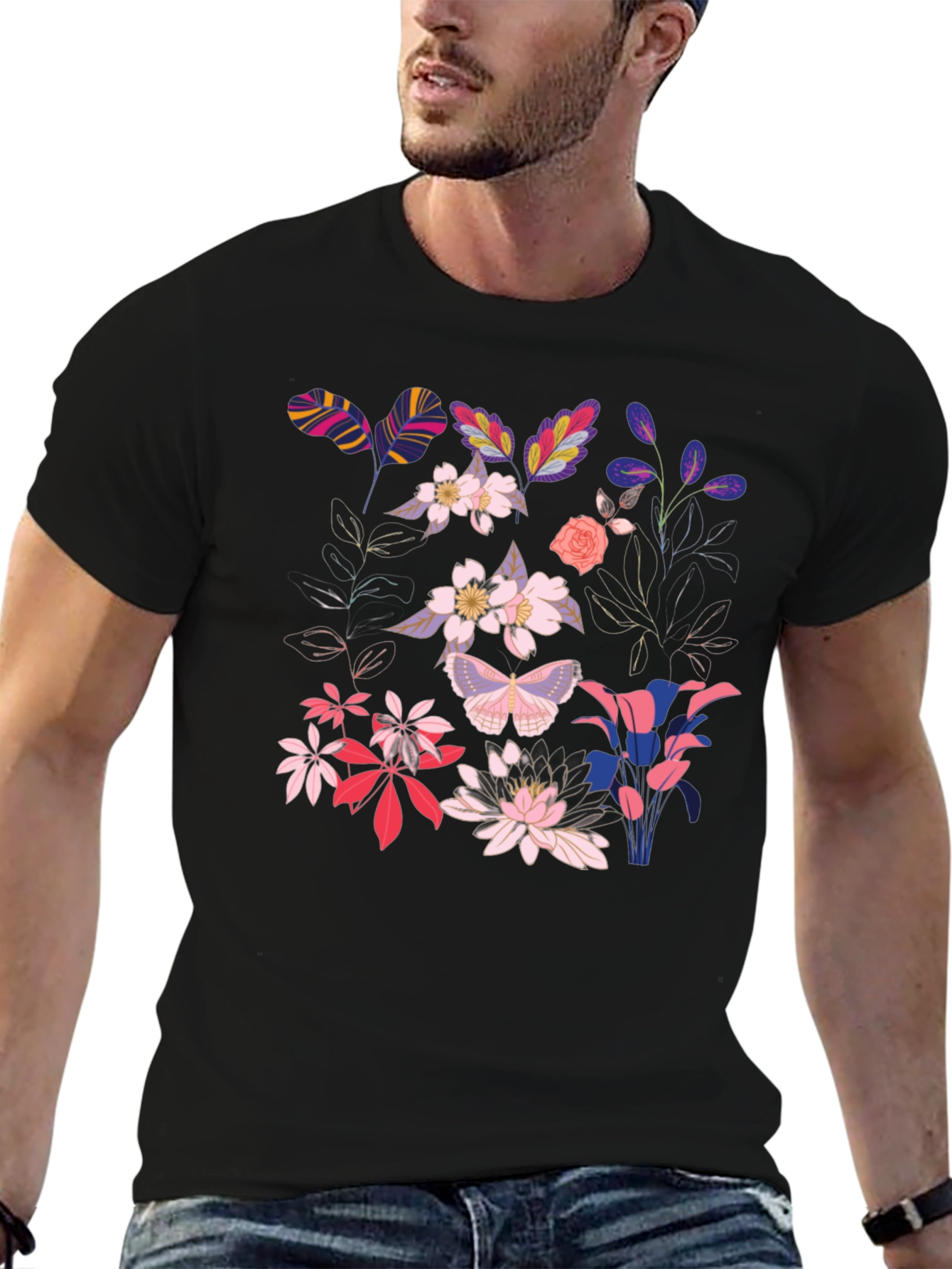 Floral Print Black T-Shirt for Men