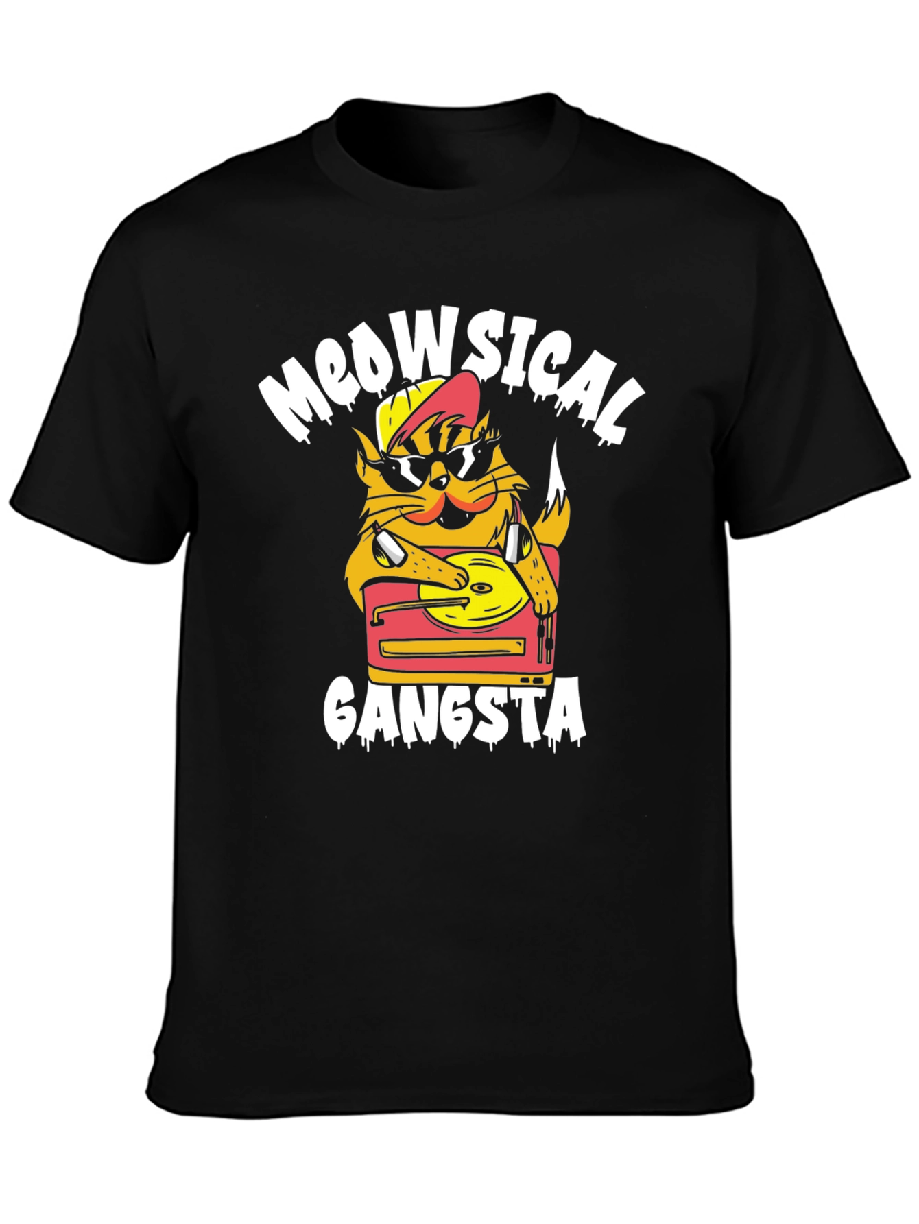 Meowsical Gangsta Black T-Shirt - Cat DJ