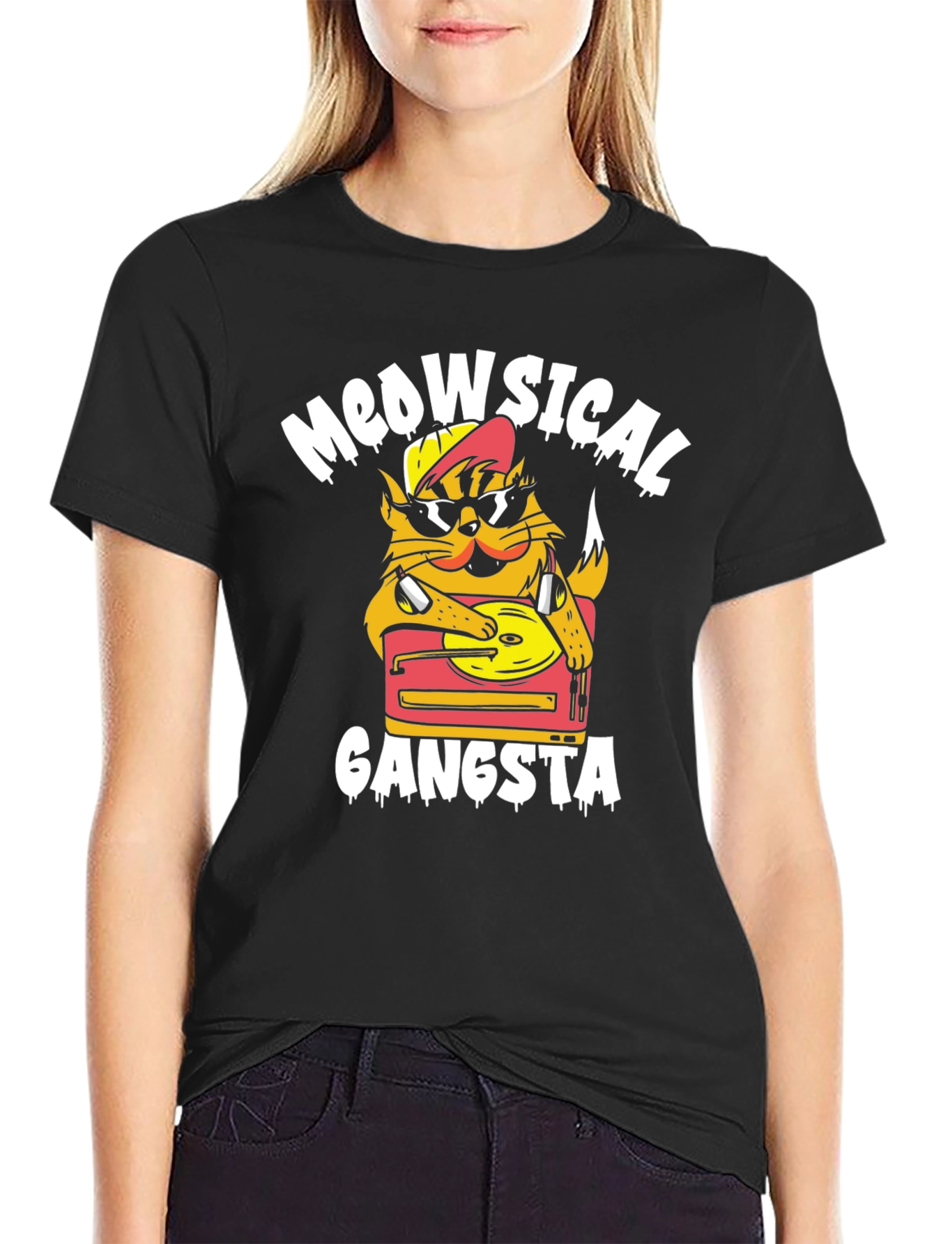 Meowsical Gangsta Black T-Shirt - Cat DJ