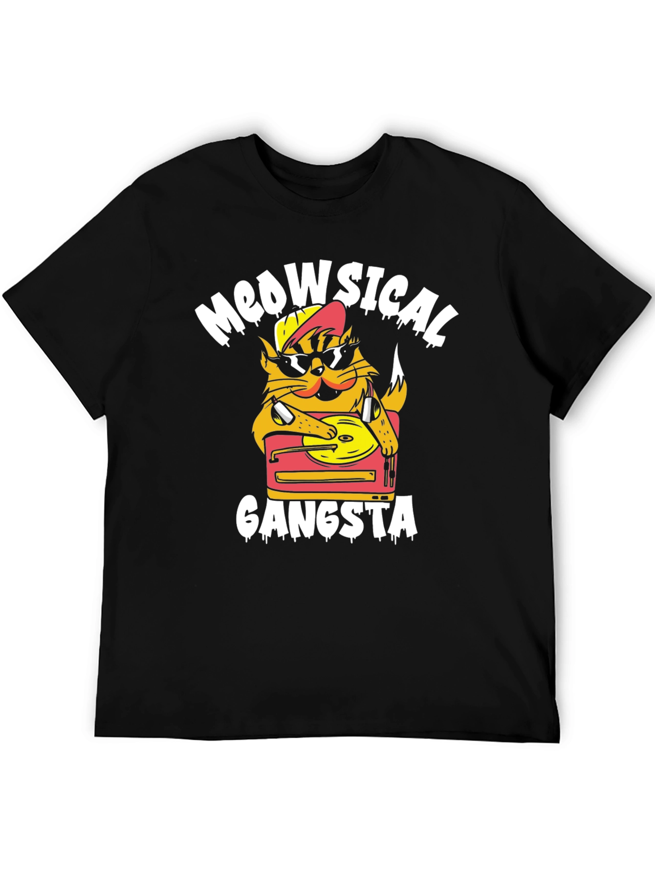 Meowsical Gangsta Black T-Shirt - Cat DJ