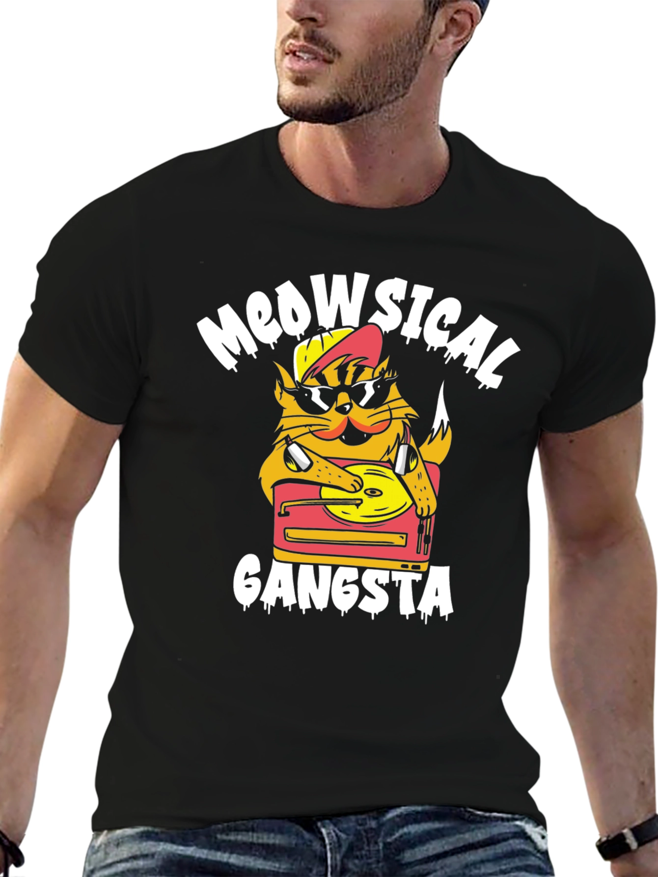 Meowsical Gangsta Black T-Shirt - Cat DJ