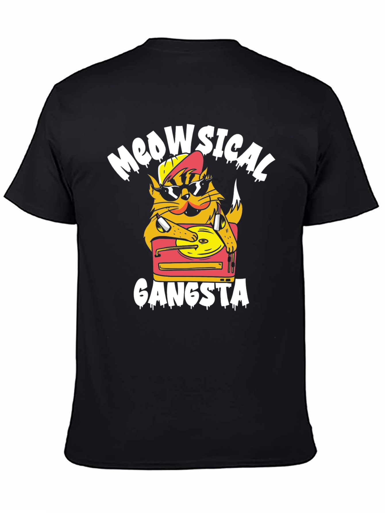 Meowsical Gangsta Black T-Shirt - Cat DJ