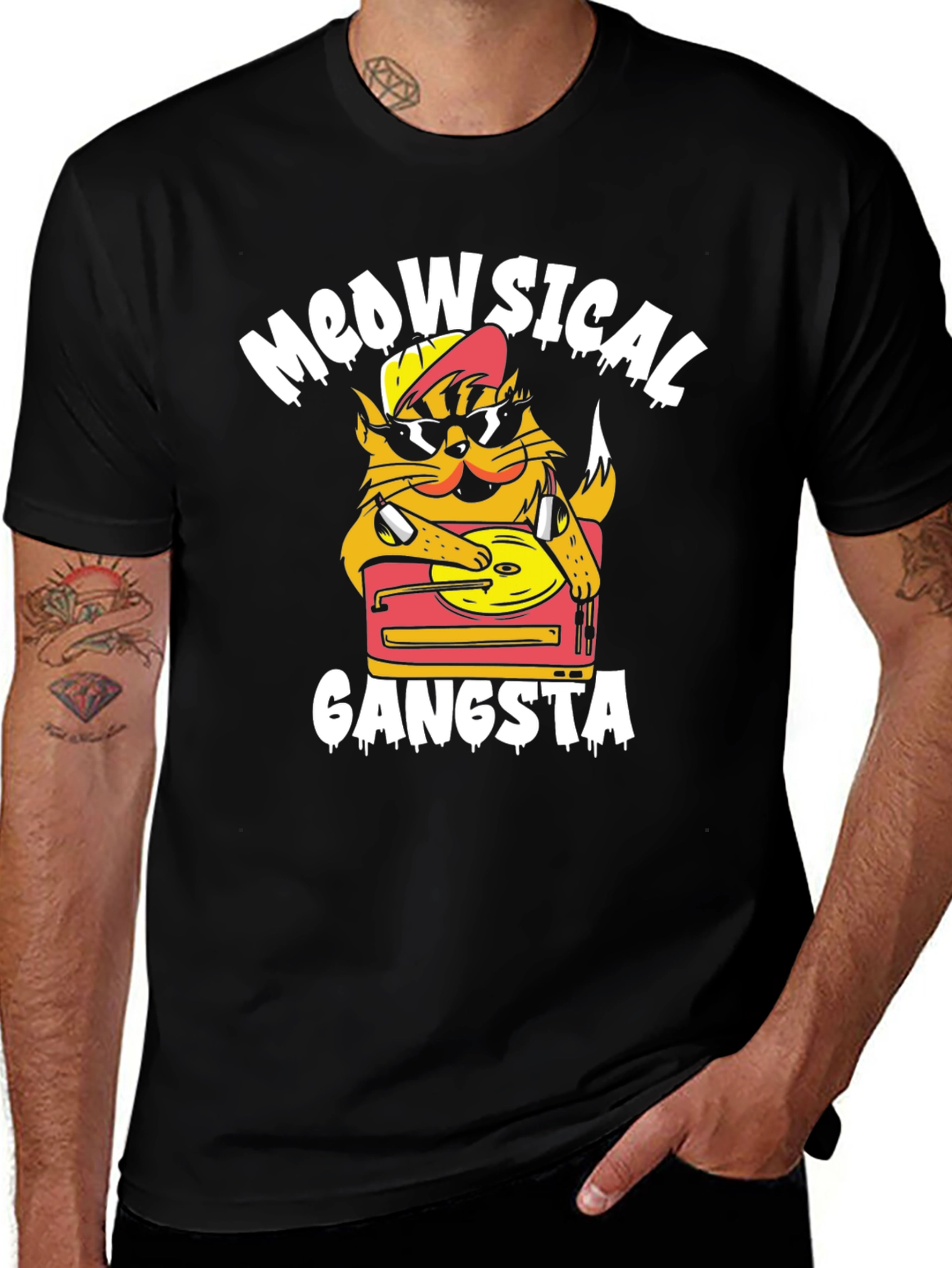 Meowsical Gangsta Black T-Shirt - Cat DJ