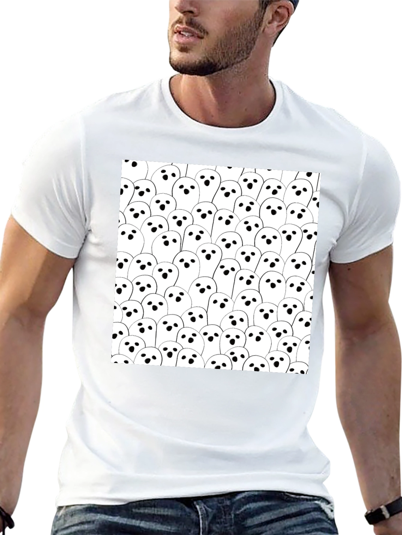 Ghost Pattern Black T-Shirt - Spooky Season Tee