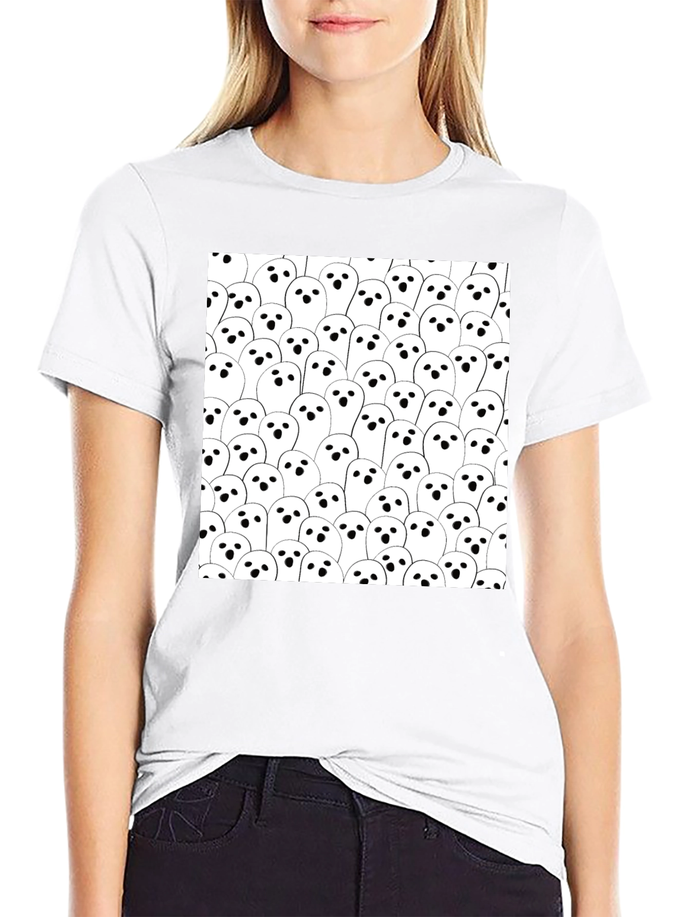 Ghost Pattern Black T-Shirt - Spooky Season Tee