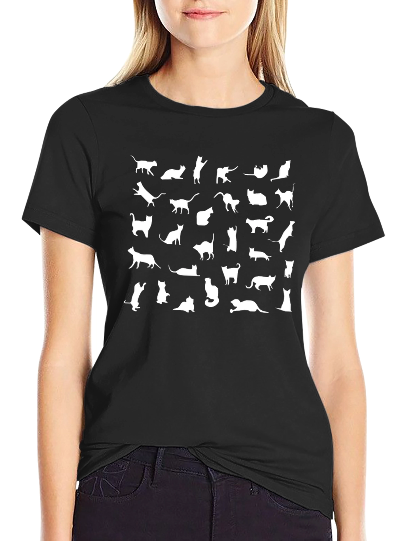 Cat Silhouette Print Crew Neck T-Shirt - Black