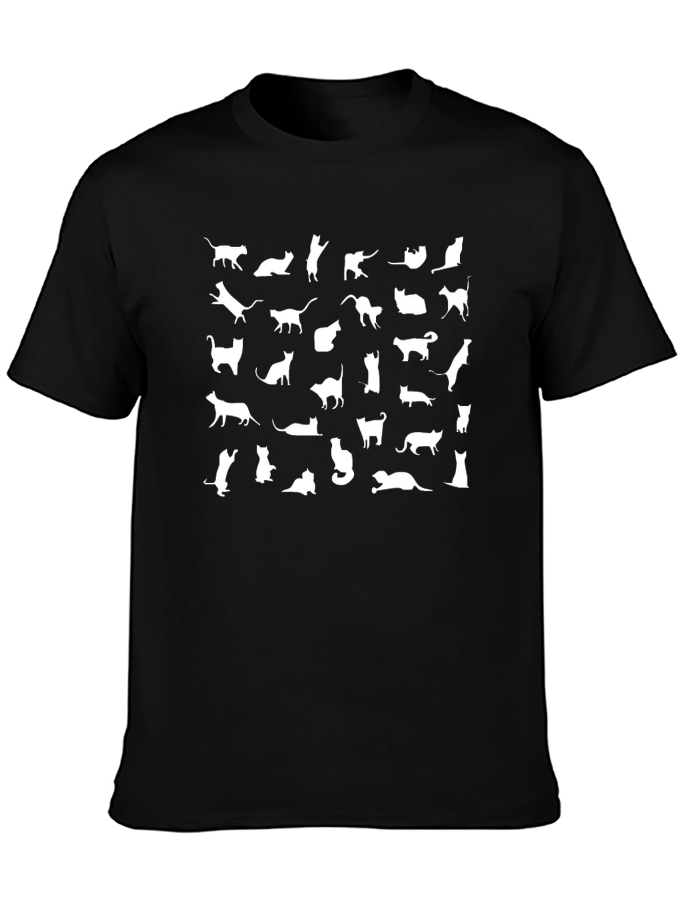 Cat Silhouette Print Crew Neck T-Shirt - Black