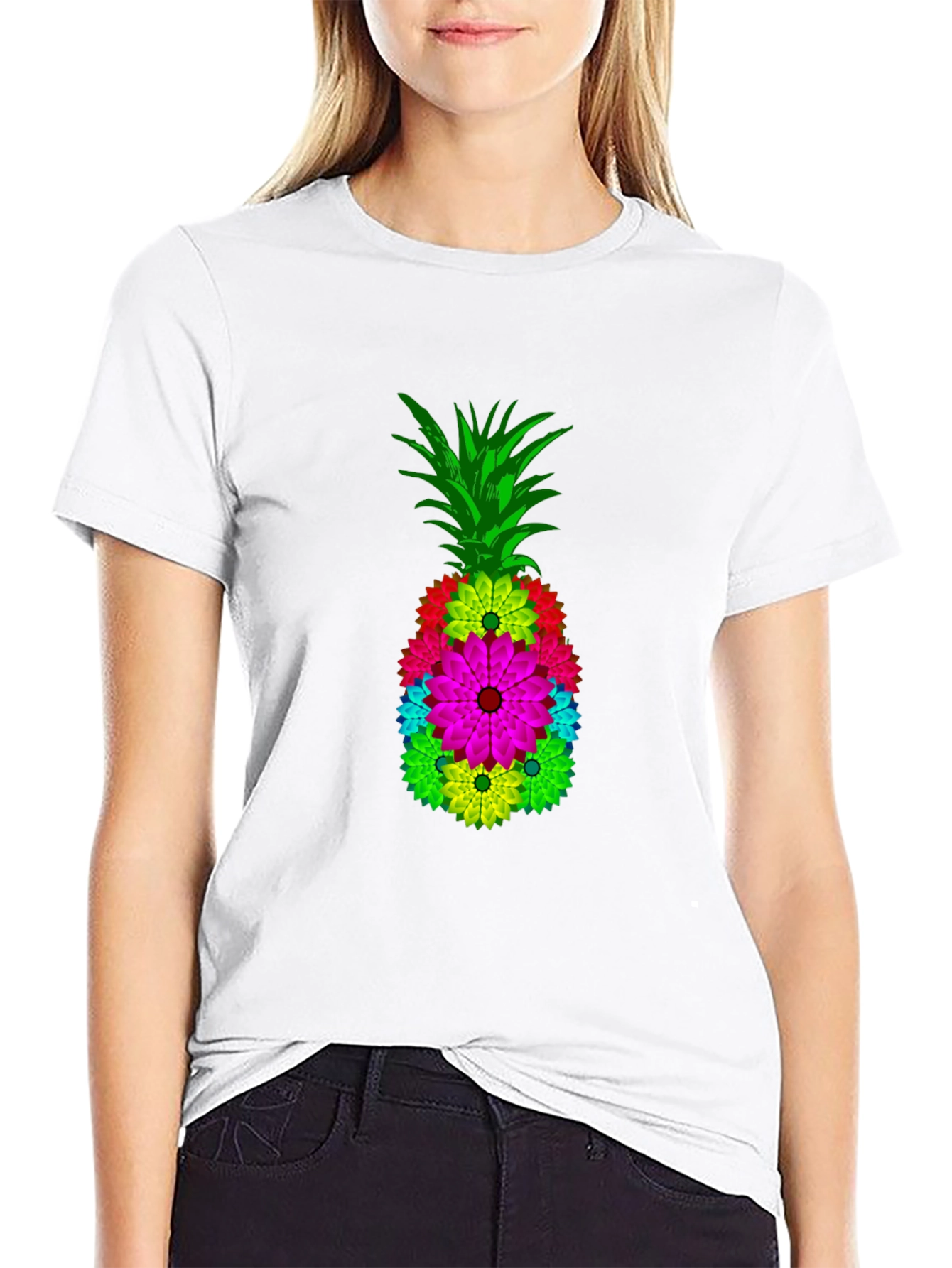 Floral Pineapple Graphic Tee - Black Cotton Blend