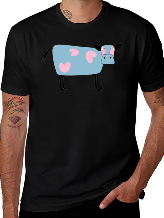 Cartoon Cow Graphic Tee - Black Cotton T-Shirt
