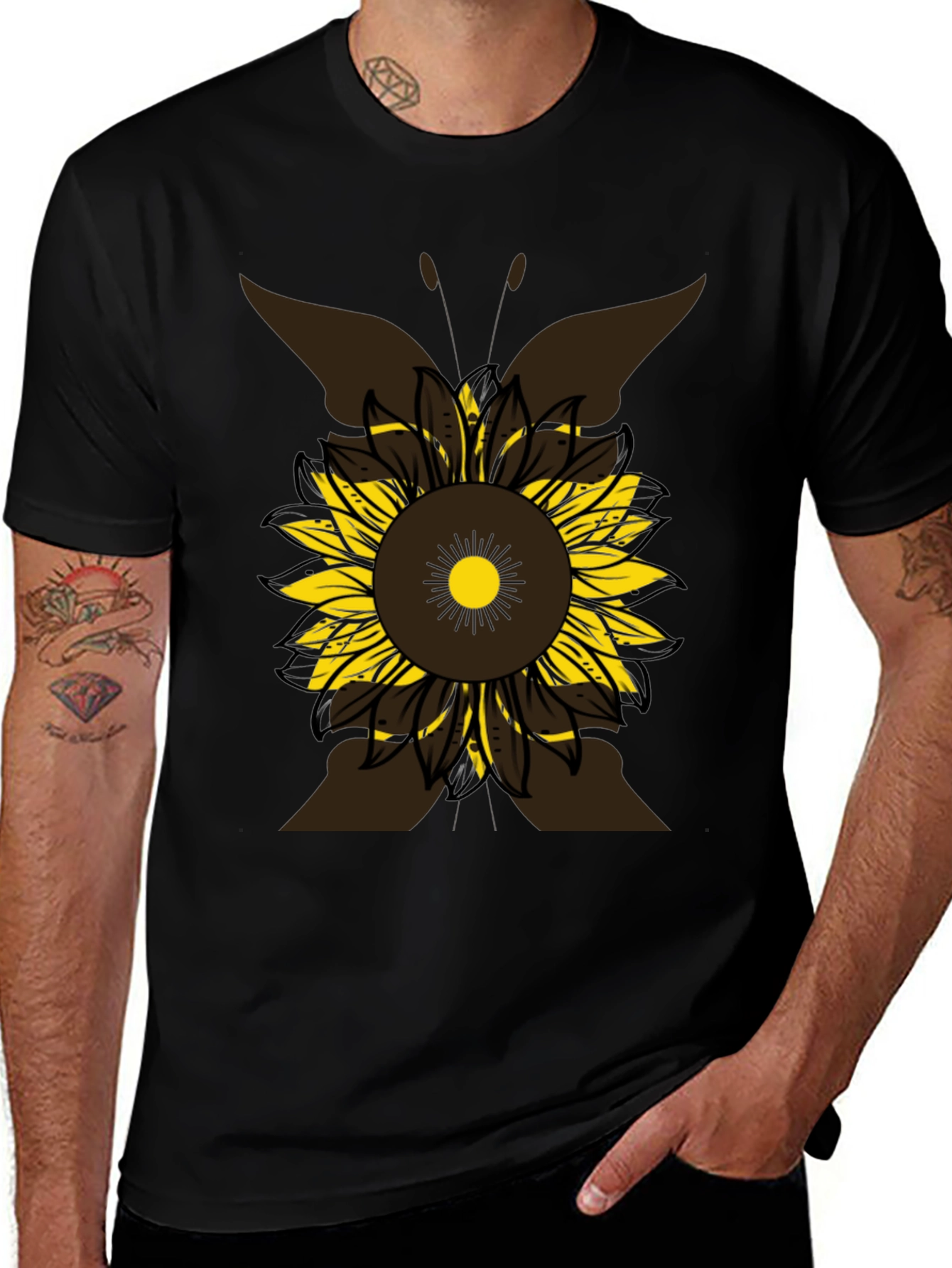 Sunflower Butterfly Graphic Tee - Casual Black T-Shirt