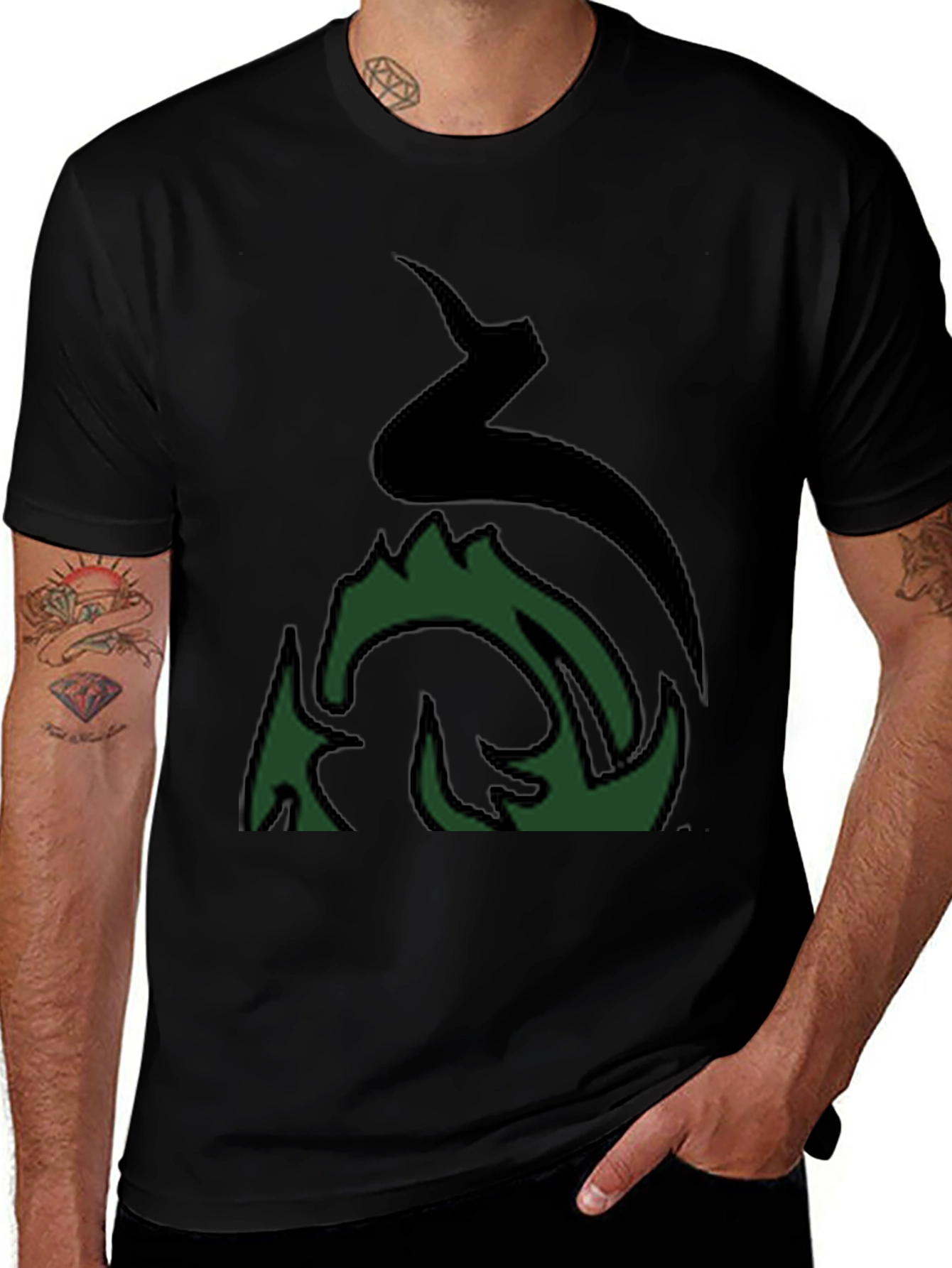 Mens Black Graphic Tee - Abstract Green Fire Design