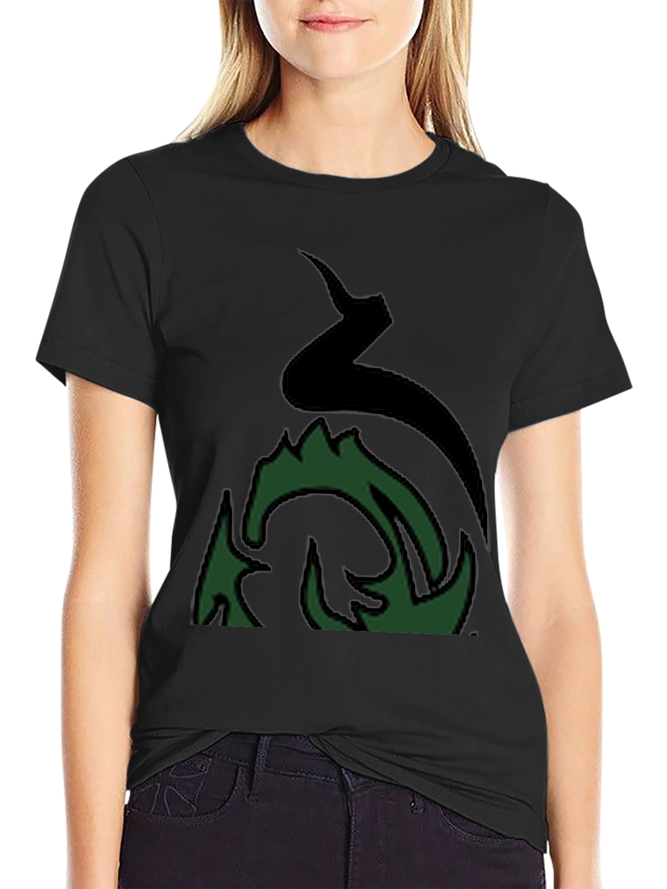 Mens Black Graphic Tee - Abstract Green Fire Design