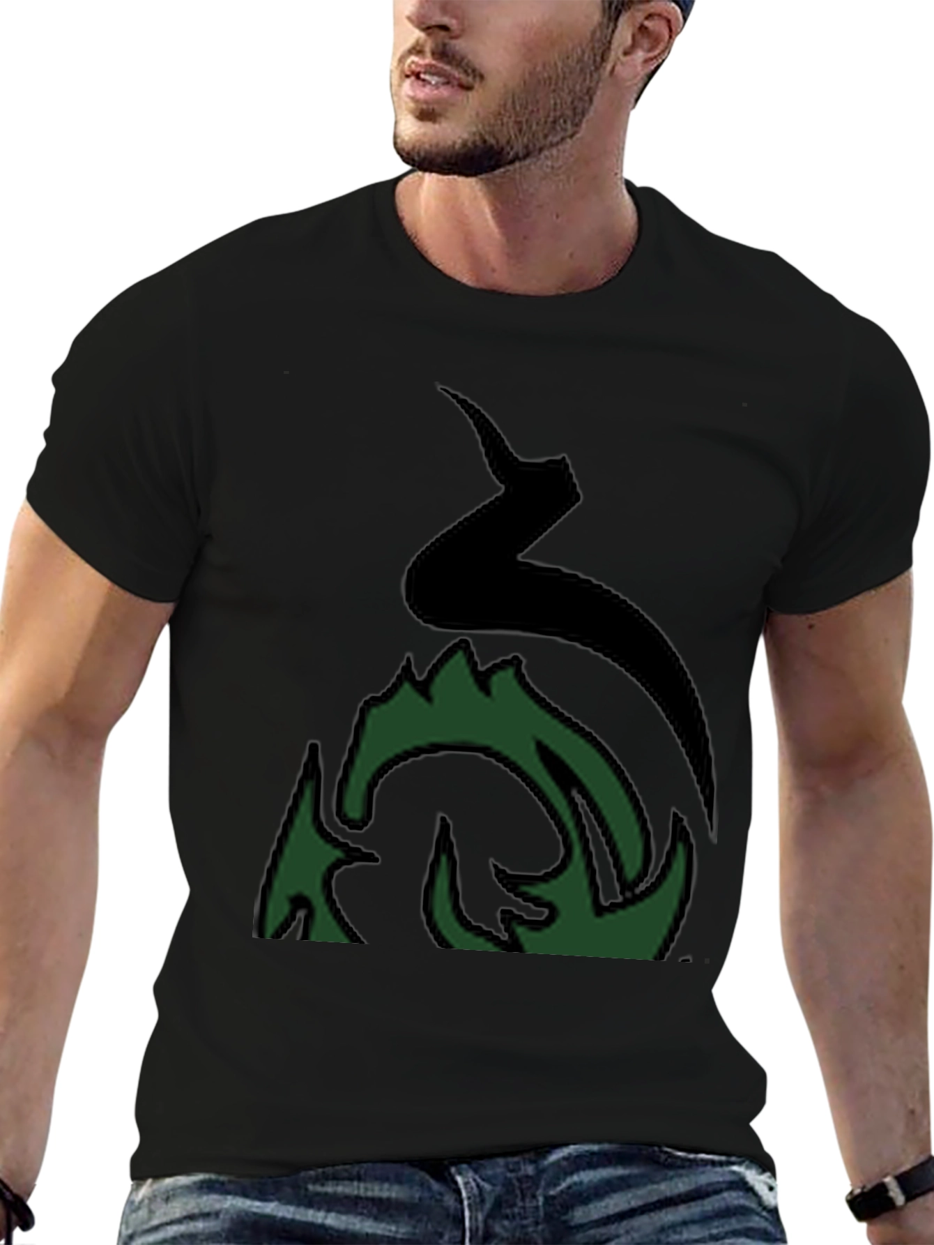 Mens Black Graphic Tee - Abstract Green Fire Design