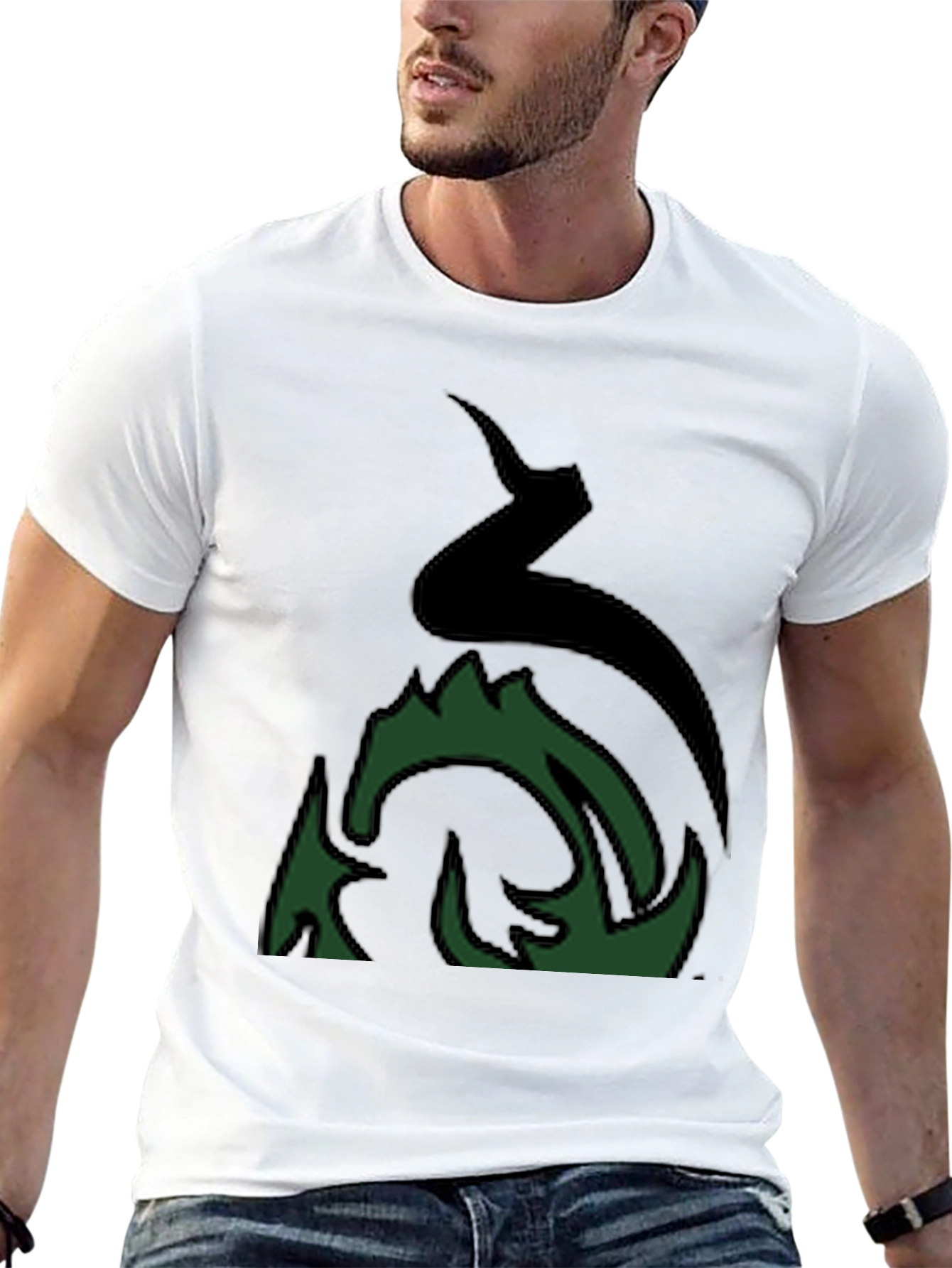 Mens Black Graphic Tee - Abstract Green Fire Design