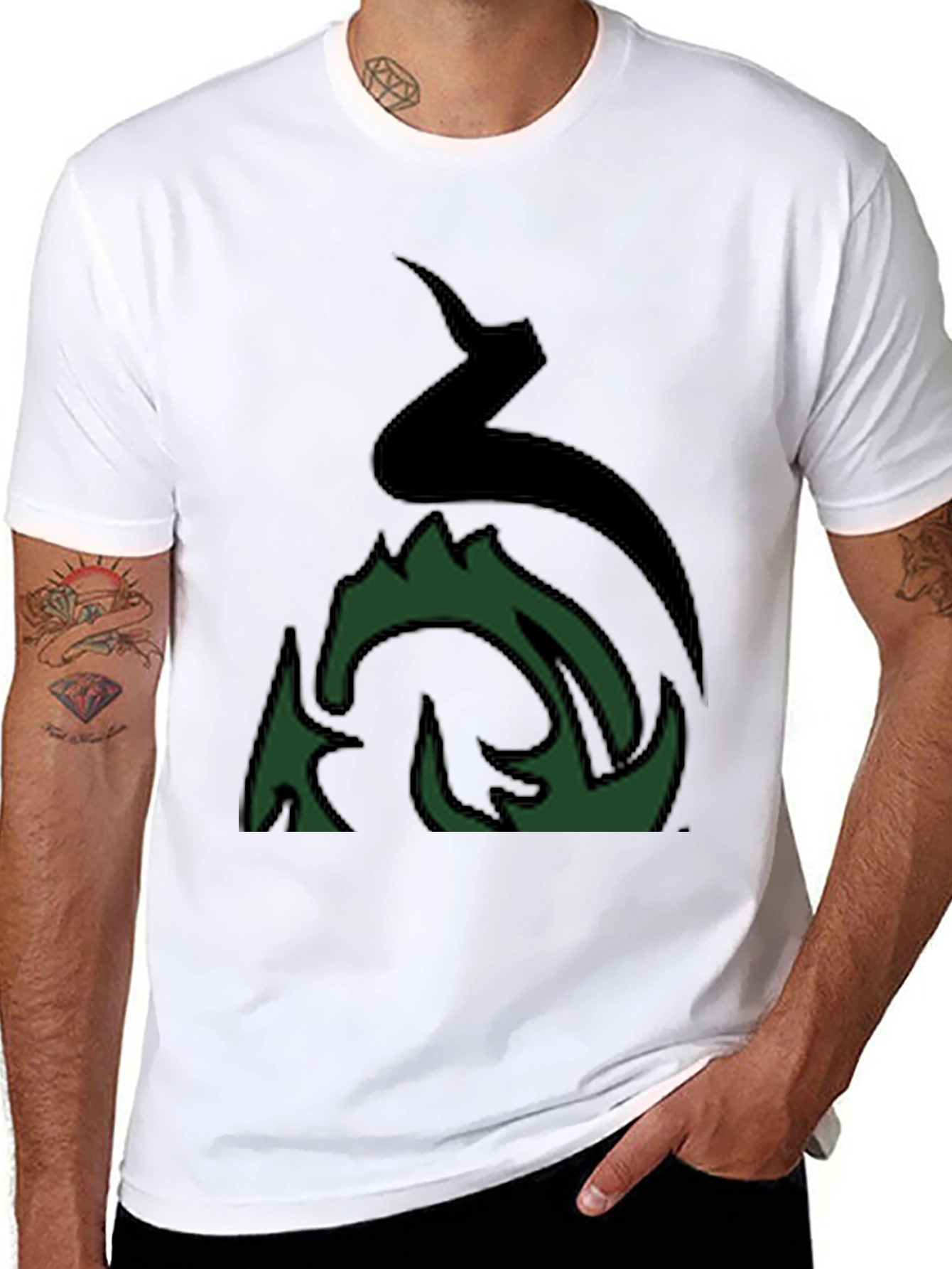 Mens Black Graphic Tee - Abstract Green Fire Design