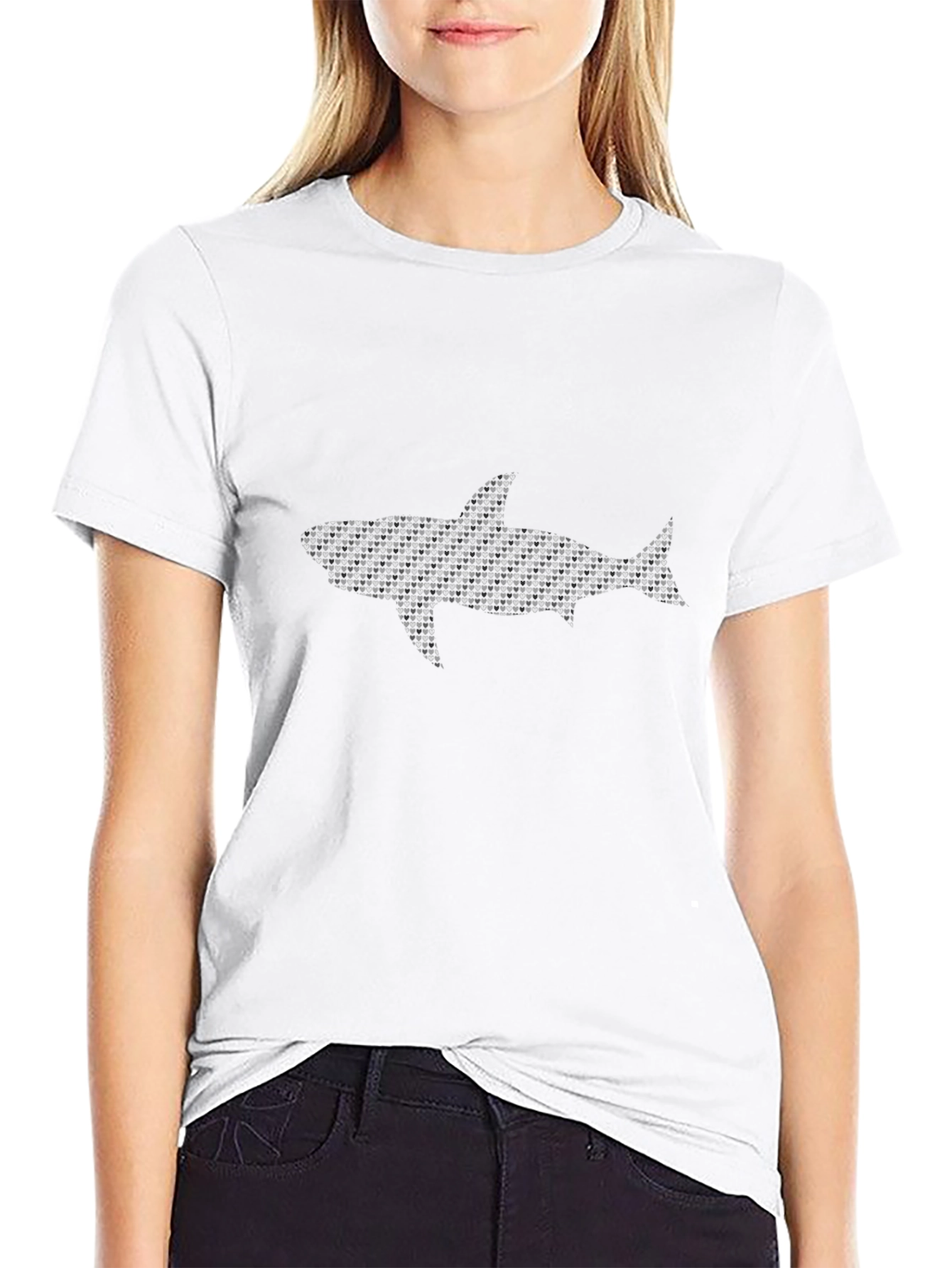 Shark Pattern Print Black Cotton T-Shirt