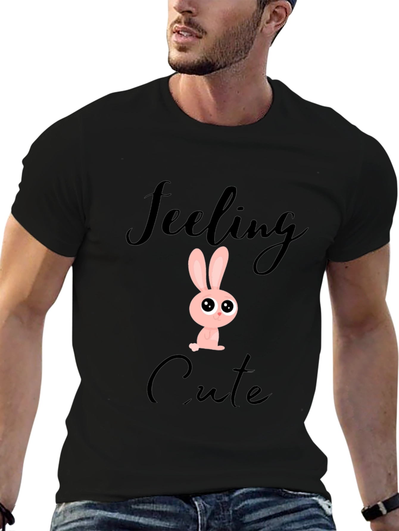 Feeling Cute Bunny Graphic Black T-Shirt