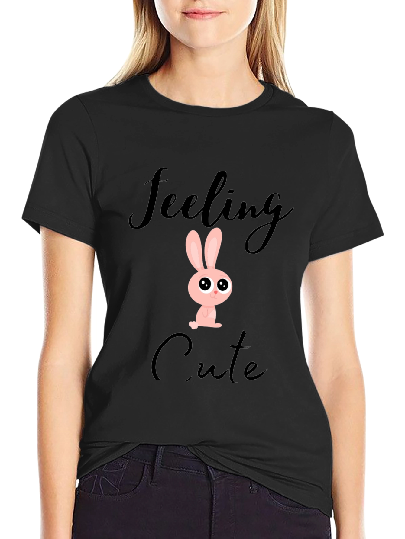 Feeling Cute Bunny Graphic Black T-Shirt
