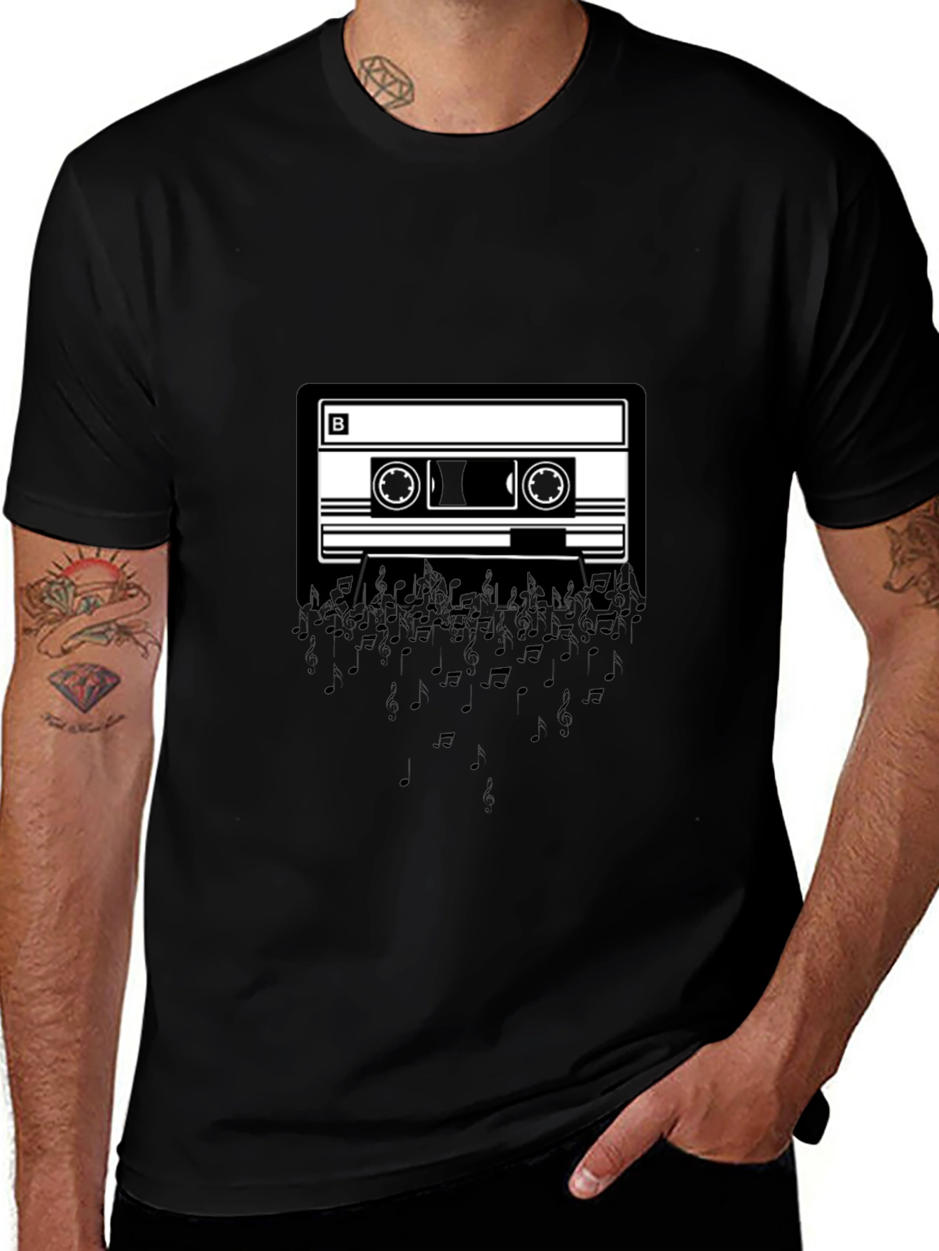 Cassette Tape Music Notes Graphic Tee - Black