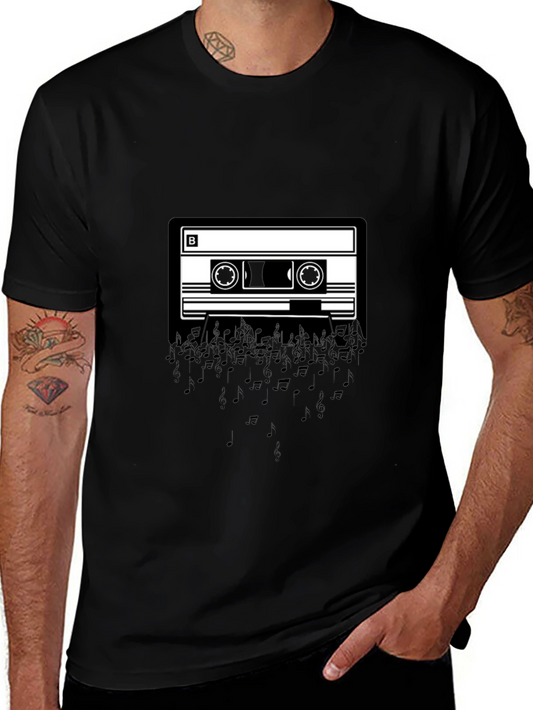 Cassette Tape Music Notes Graphic Tee - Black