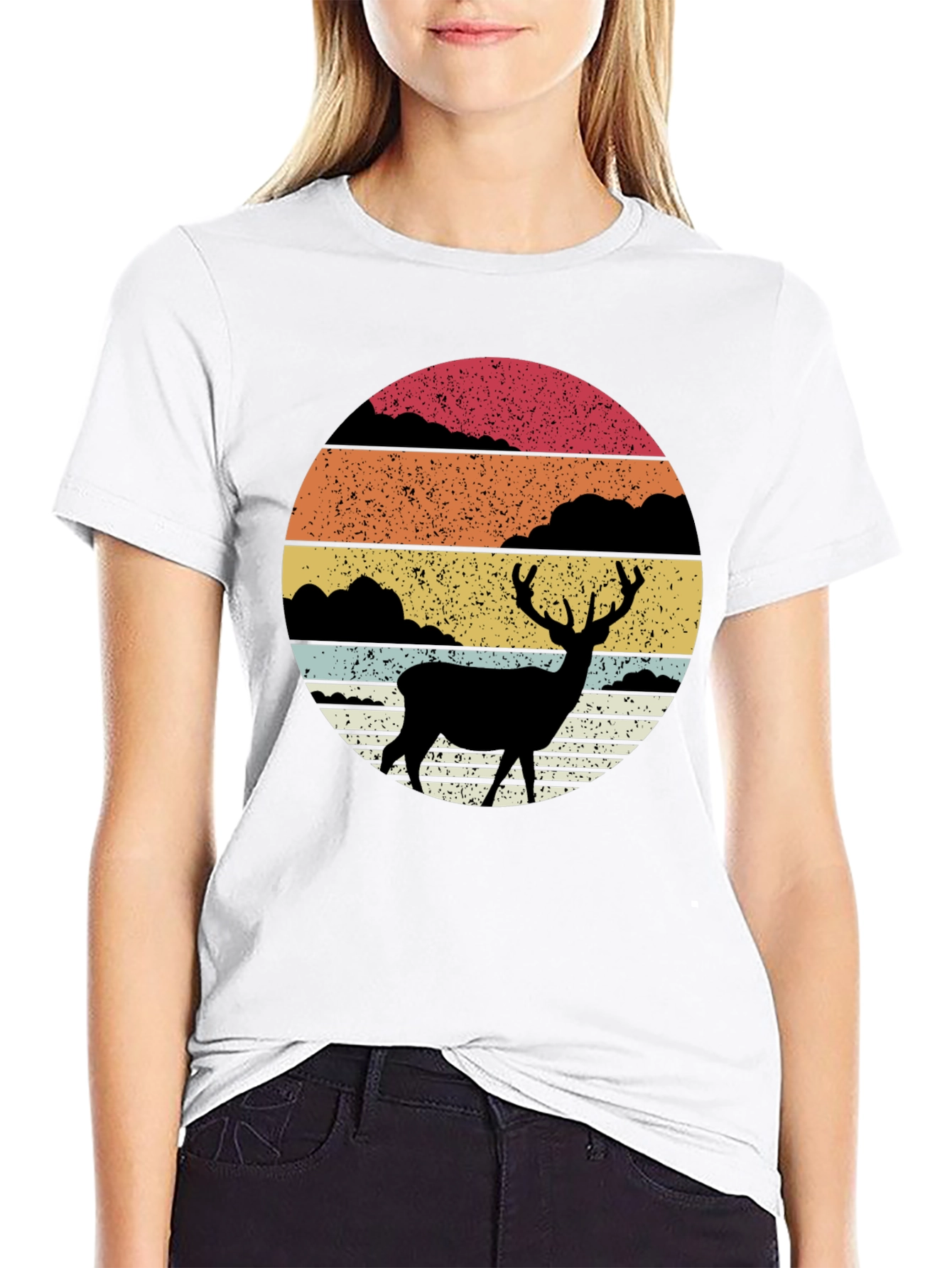 Retro Deer Silhouette Sunset Graphic Tee