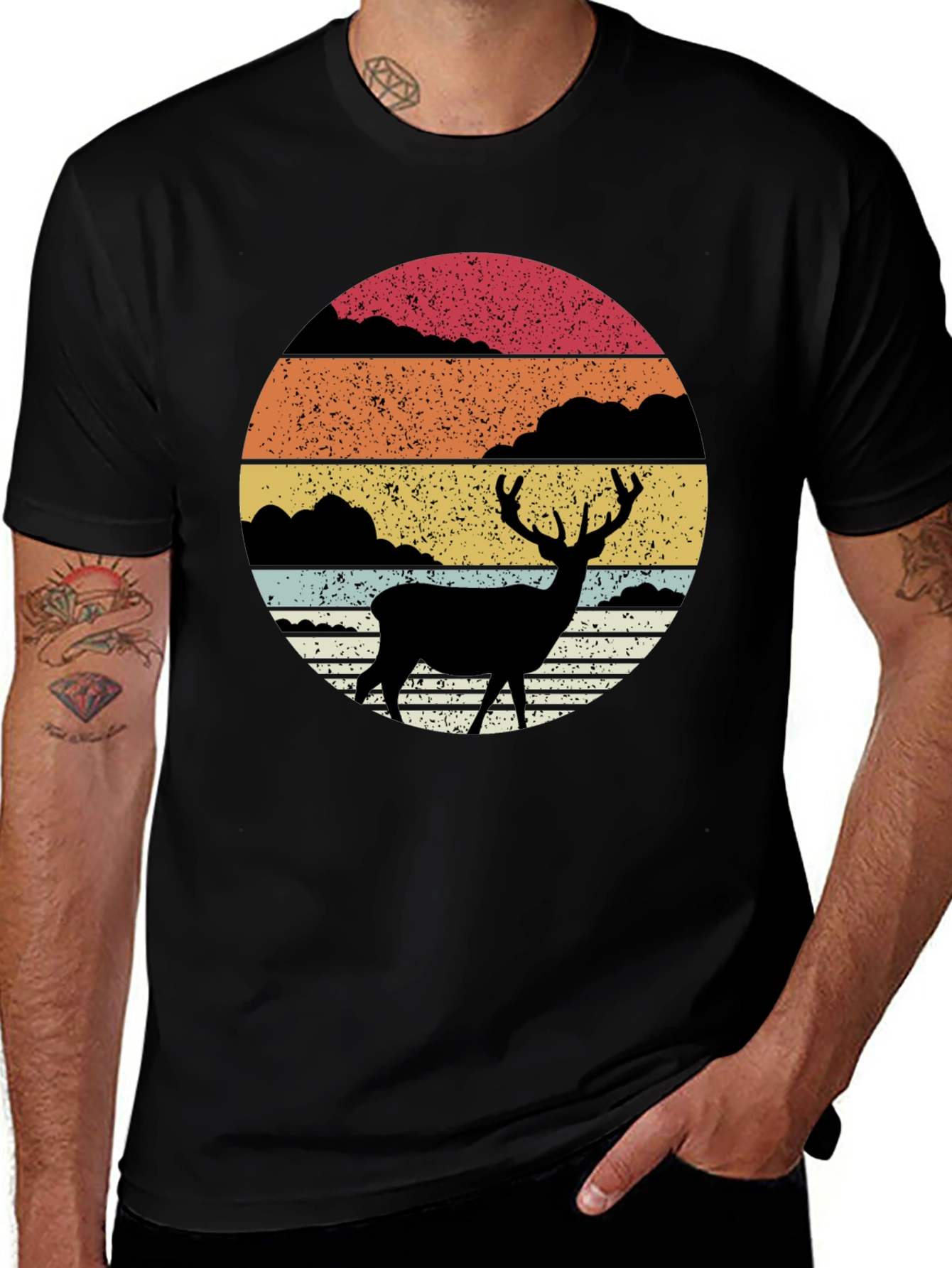 Retro Deer Silhouette Sunset Graphic Tee
