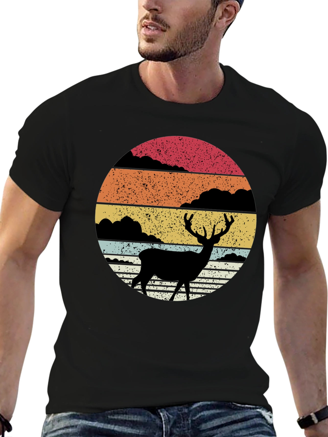 Retro Deer Silhouette Sunset Graphic Tee