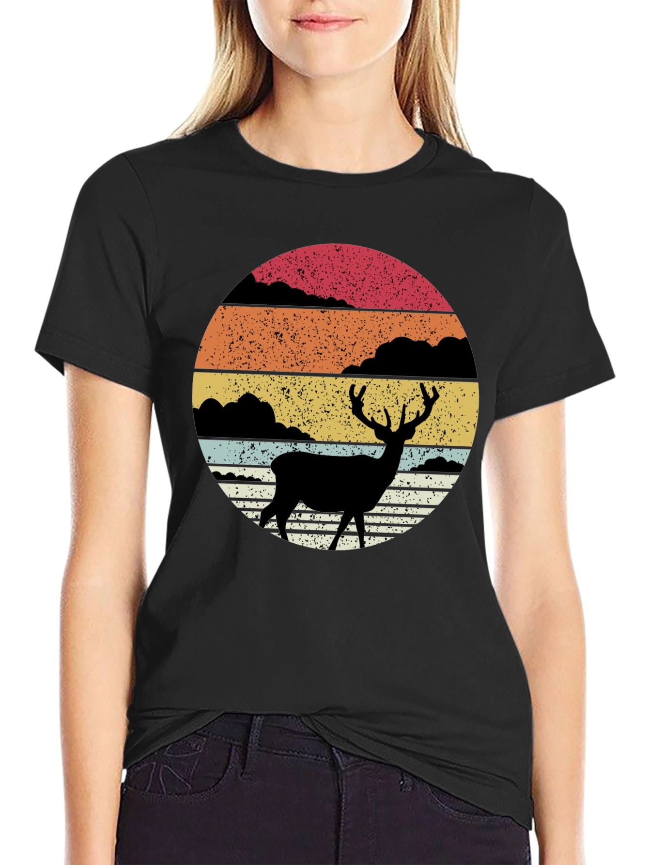 Retro Deer Silhouette Sunset Graphic Tee