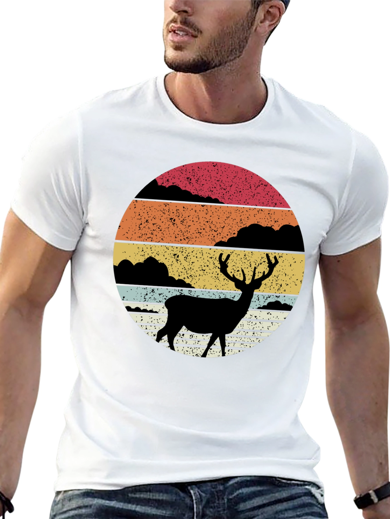 Retro Deer Silhouette Sunset Graphic Tee