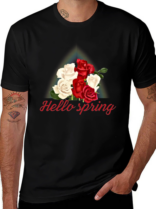 Hello Spring Rose Graphic T-Shirt - Stylish Floral Design