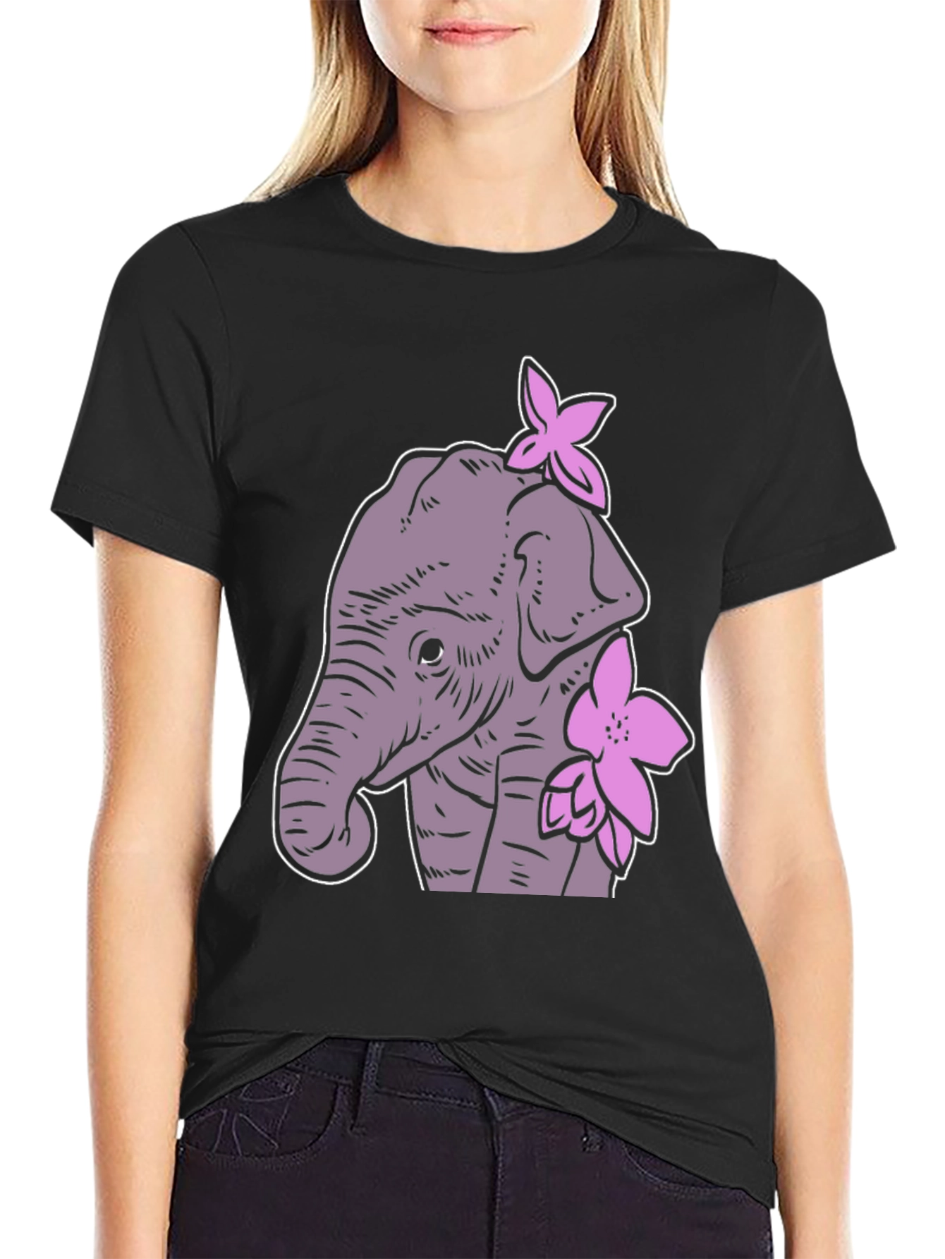 Elephant Floral Graphic Tee - Cute Cartoon Design