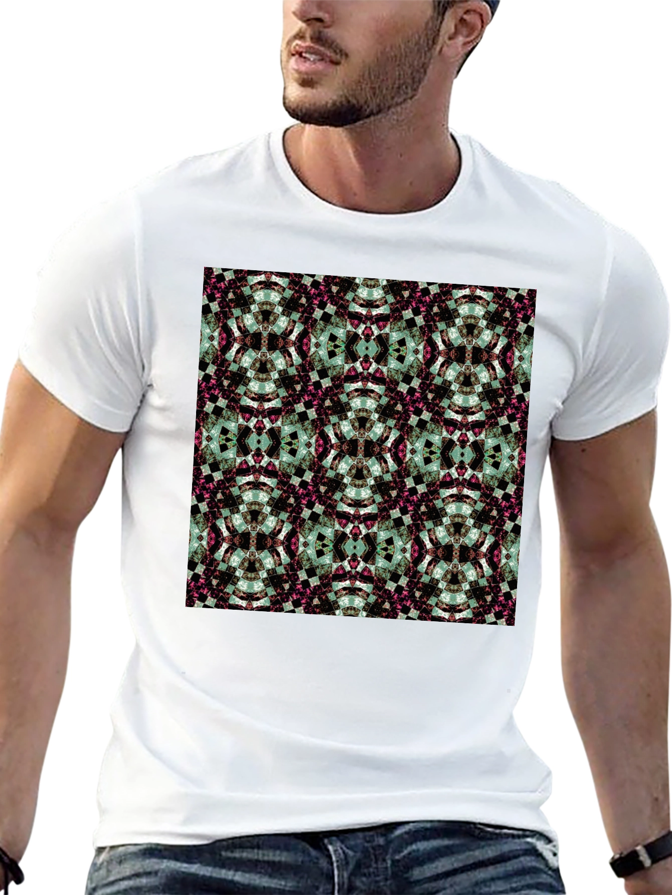 Kaleidoscope Pattern Black Crew Neck T-Shirt