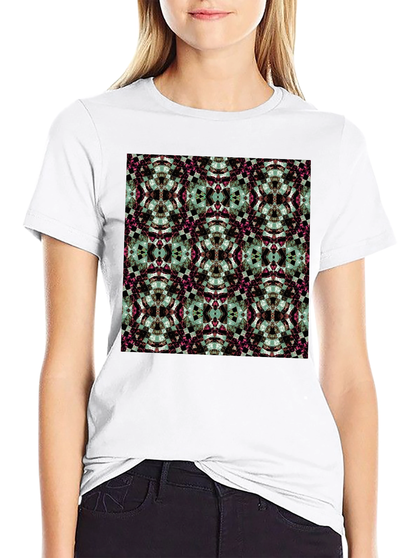 Kaleidoscope Pattern Black Crew Neck T-Shirt