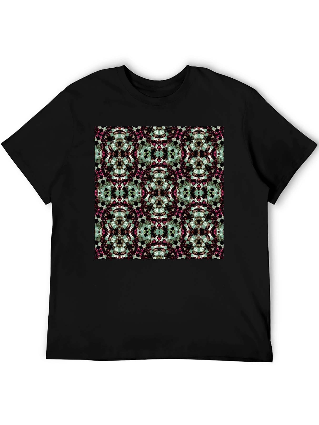 Kaleidoscope Pattern Black Crew Neck T-Shirt
