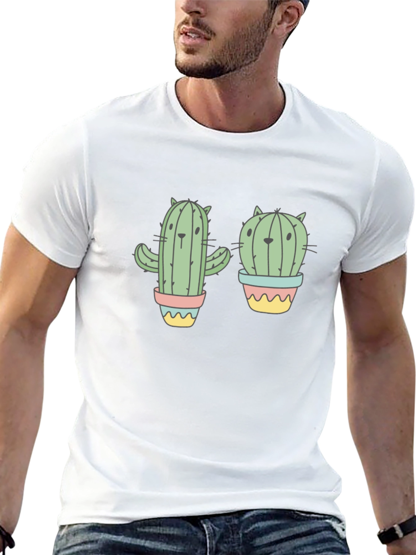 Cactus Cat Black Graphic T-Shirt