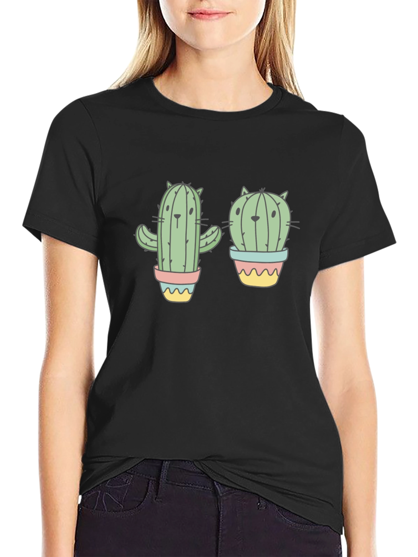 Cactus Cat Black Graphic T-Shirt