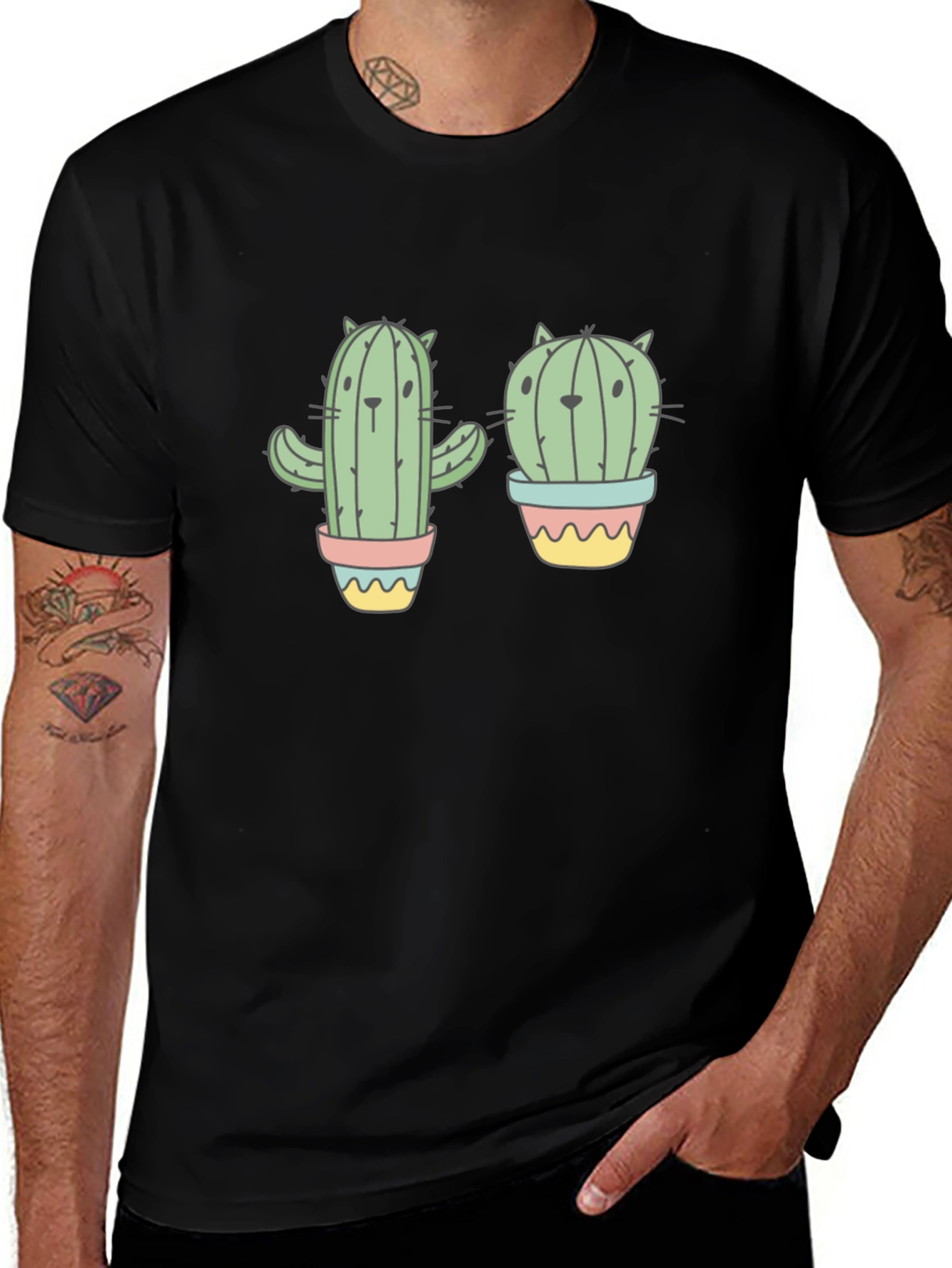 Cactus Cat Black Graphic T-Shirt