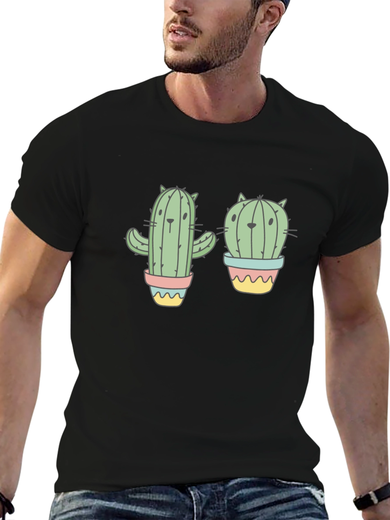 Cactus Cat Black Graphic T-Shirt