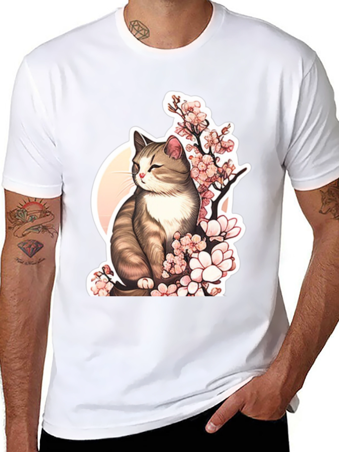 Cat & Cherry Blossom T-Shirt: Black Cotton Tee
