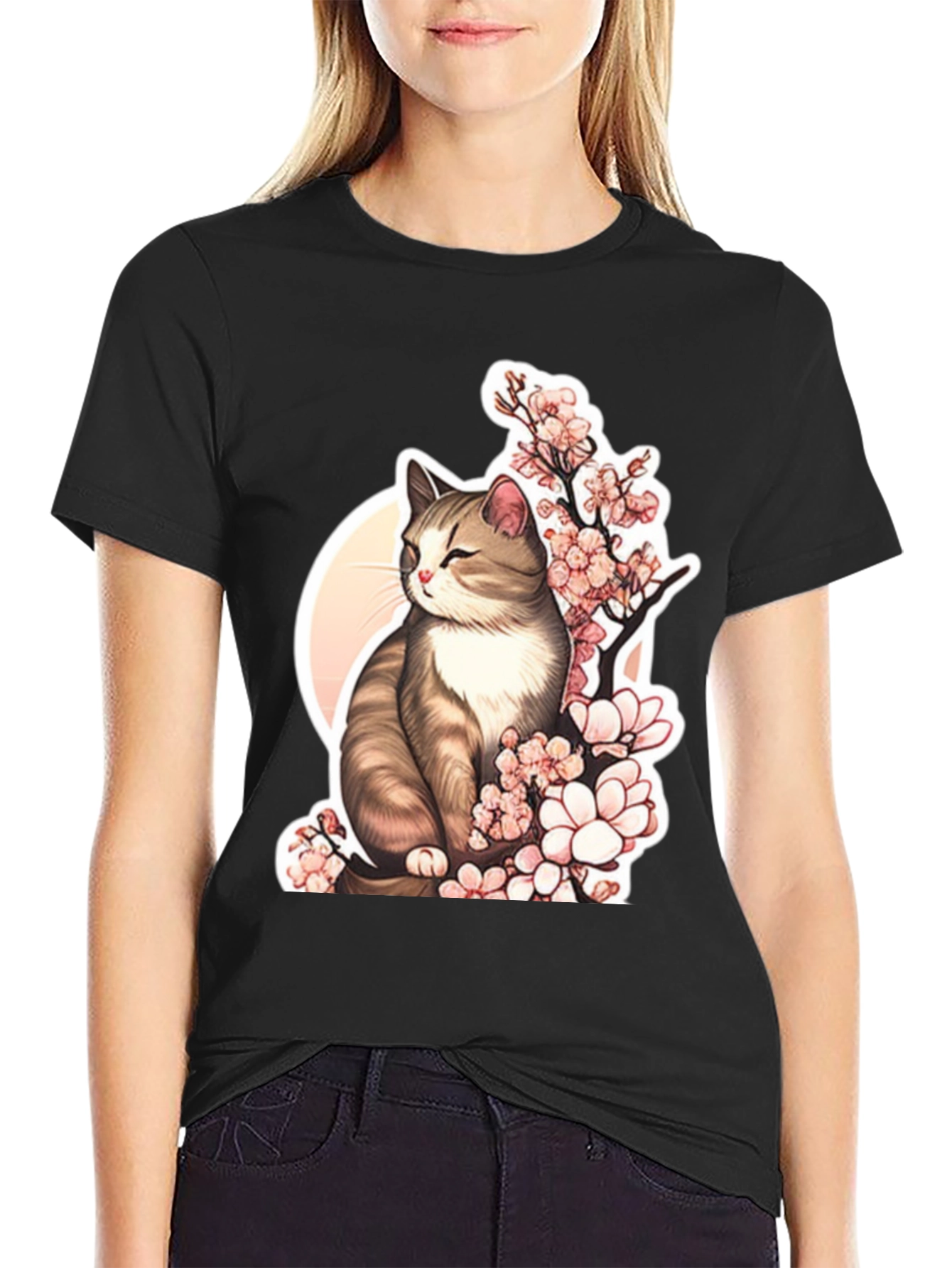 Cat & Cherry Blossom T-Shirt: Black Cotton Tee