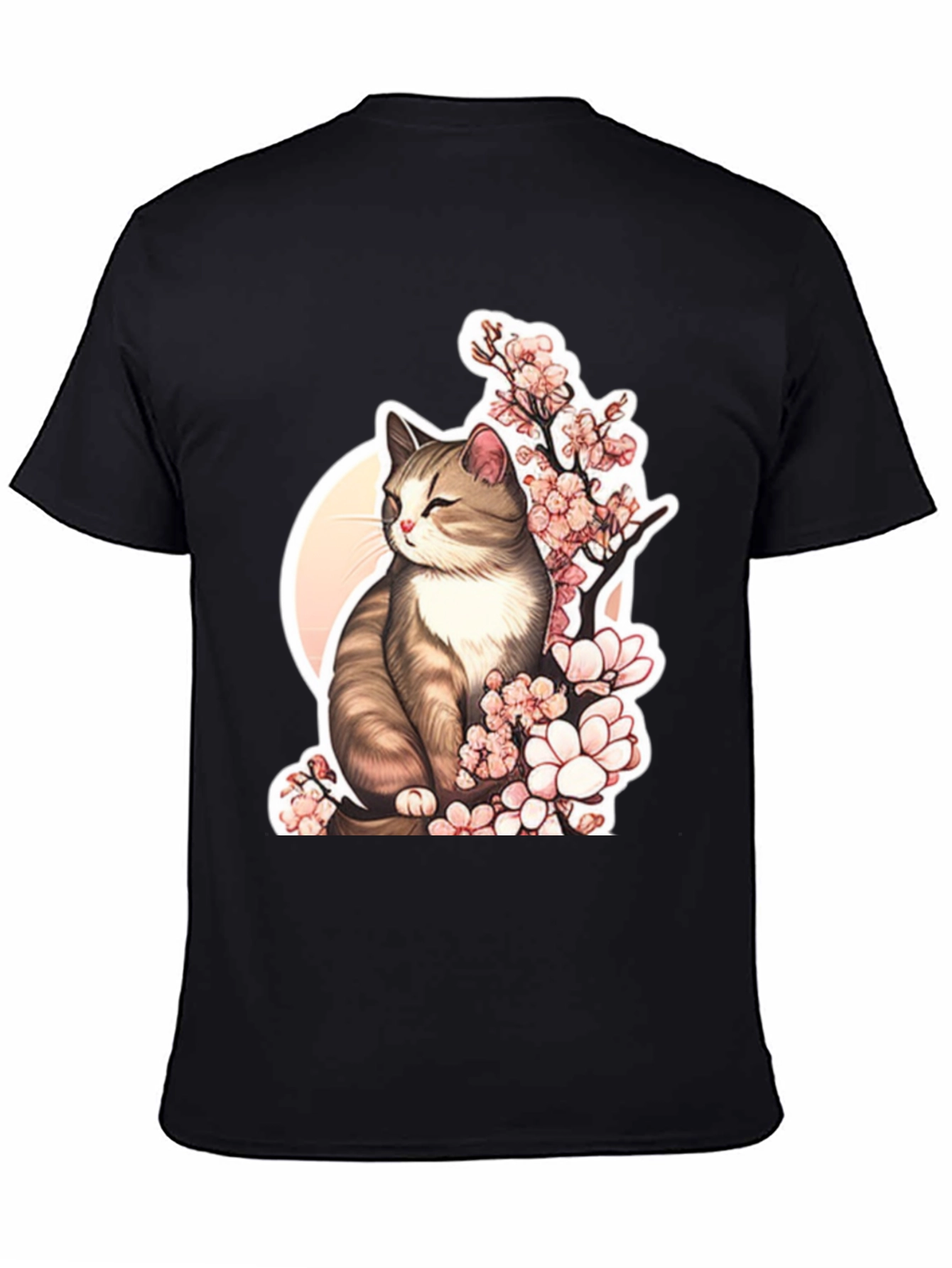 Cat & Cherry Blossom T-Shirt: Black Cotton Tee