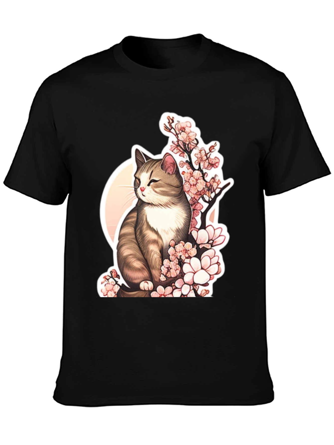Cat & Cherry Blossom T-Shirt: Black Cotton Tee