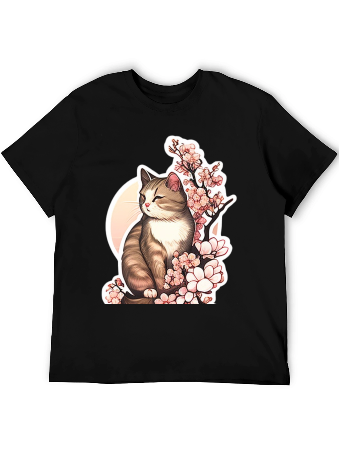 Cat & Cherry Blossom T-Shirt: Black Cotton Tee