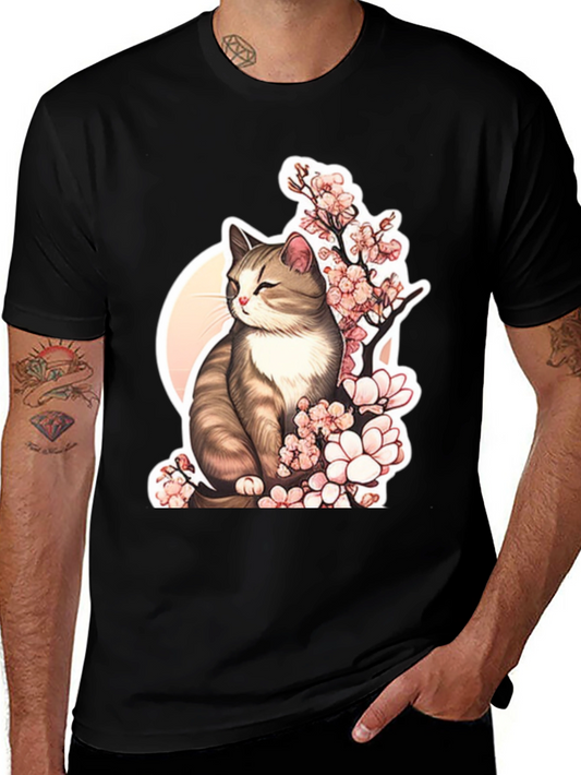 Cat & Cherry Blossom T-Shirt: Black Cotton Tee