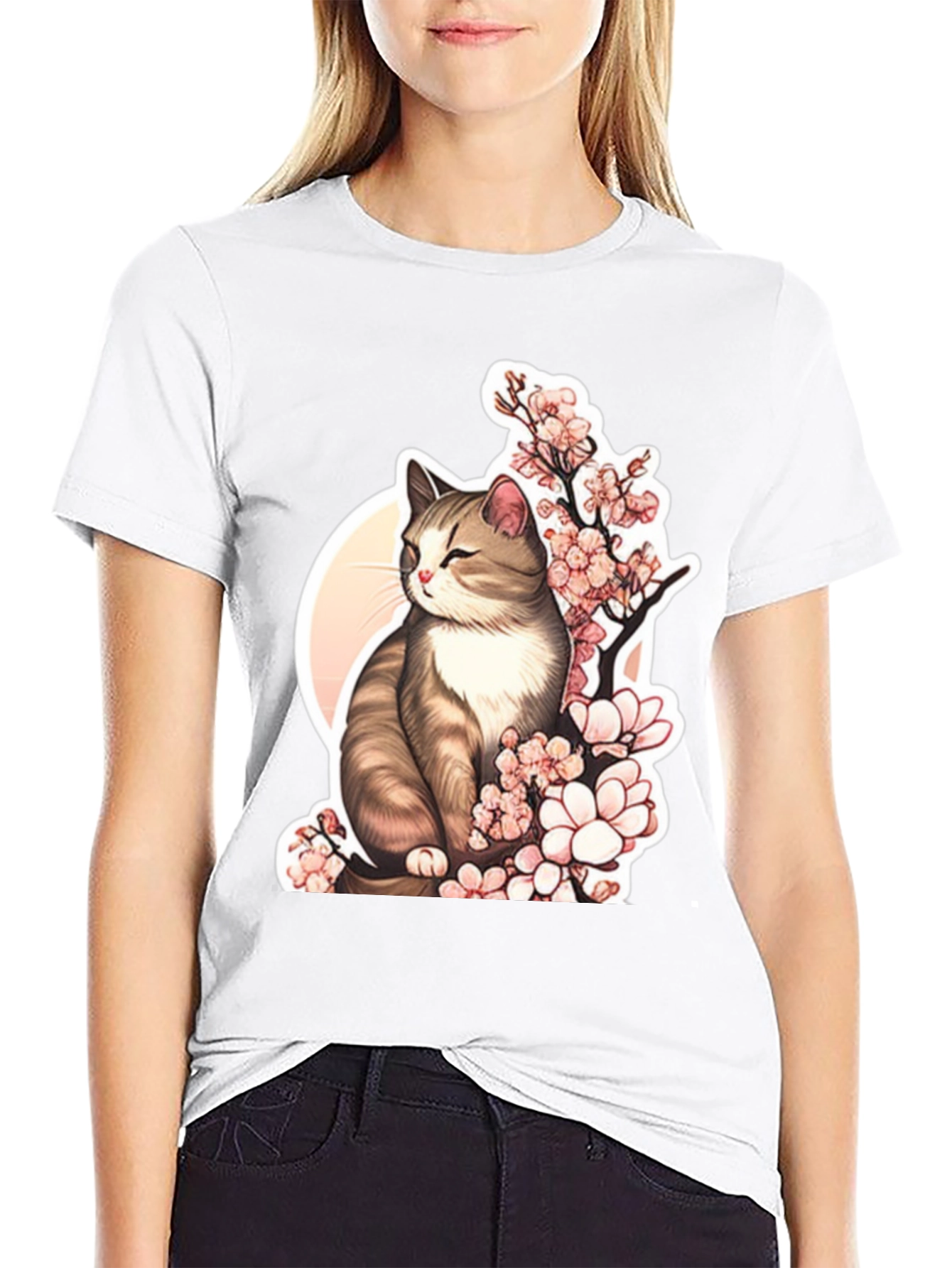 Cat & Cherry Blossom T-Shirt: Black Cotton Tee