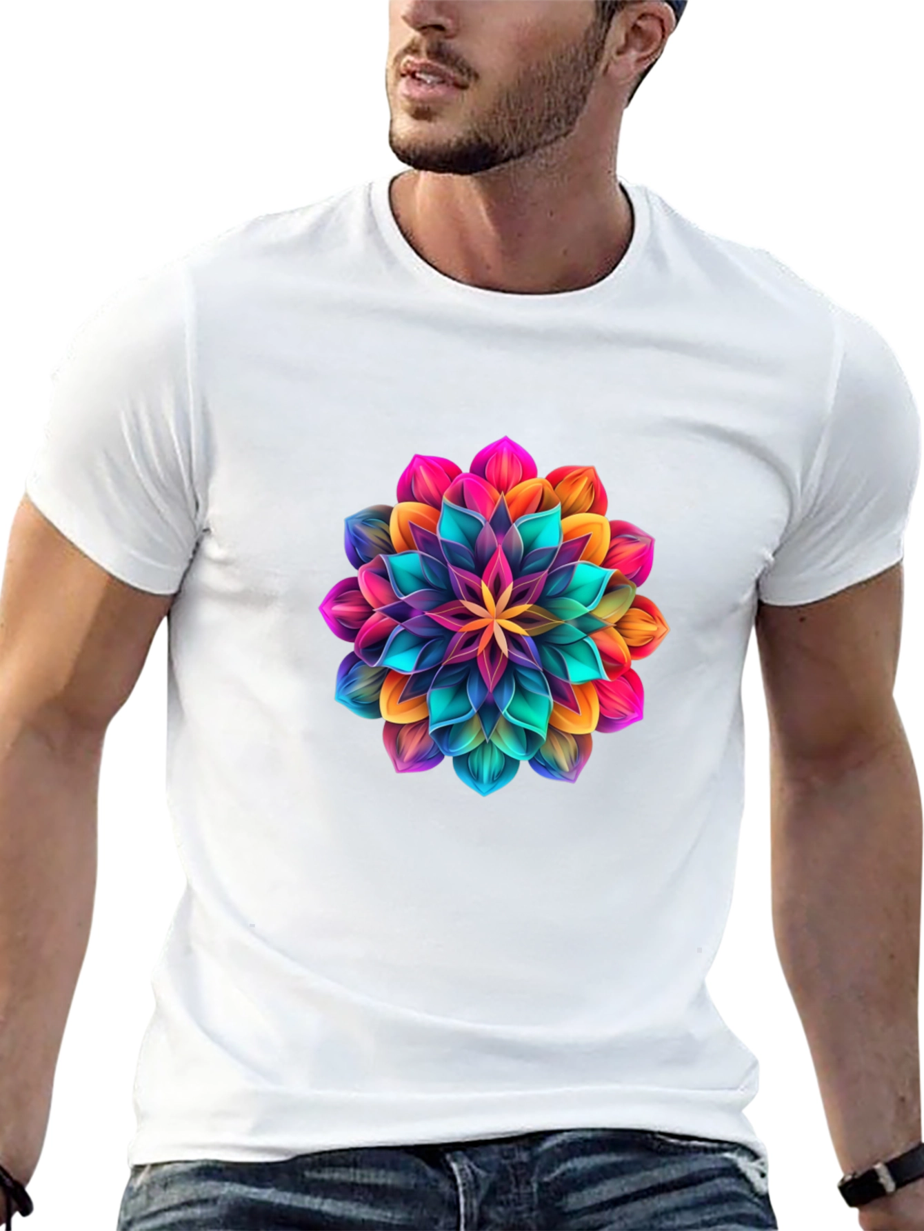 Mens Black T-Shirt with Vibrant Floral Design