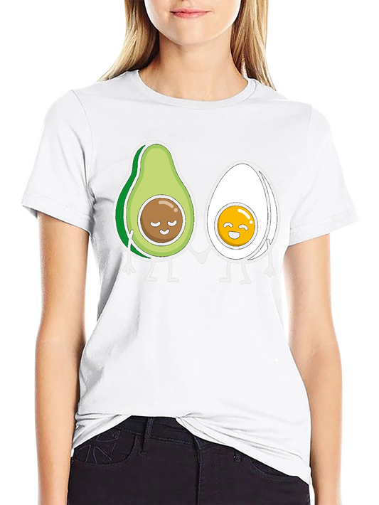 Avocado and Egg Cartoon Graphic T-Shirt - Black Cotton Blend